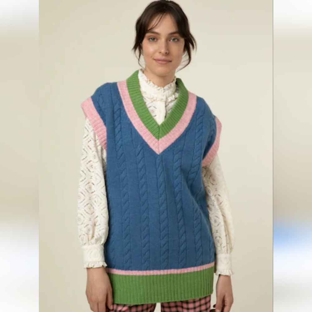 V-Neck Cable Knit Sweater Vest in Blue with Pink & Green Trim